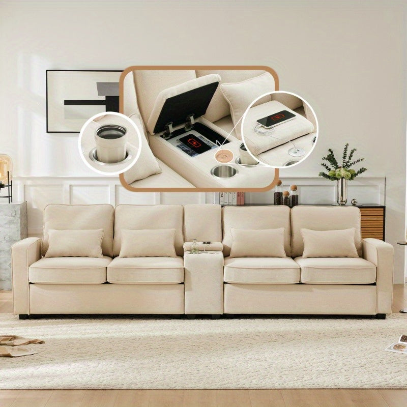 Bankstel – 4-Zitsbank – Zitbank – Hoekbank – Slaapbank – Modern Linnen – Console Met 2 Bekerhouders – Opbergruimte In Armleuning