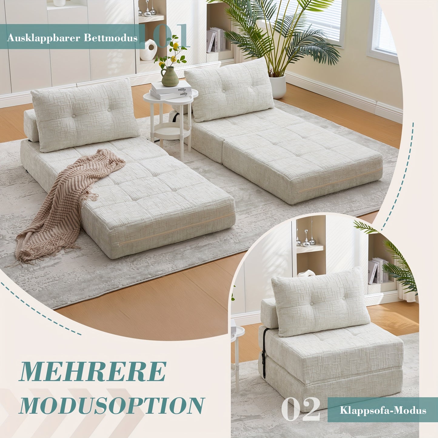 Vouwbank – Slaapbank – Slaapbankje – Bedbank – Slaapfauteuil – Beige Kleur – Duurzaam Chenille Materiaal – Inclusief Matras en Kussens
