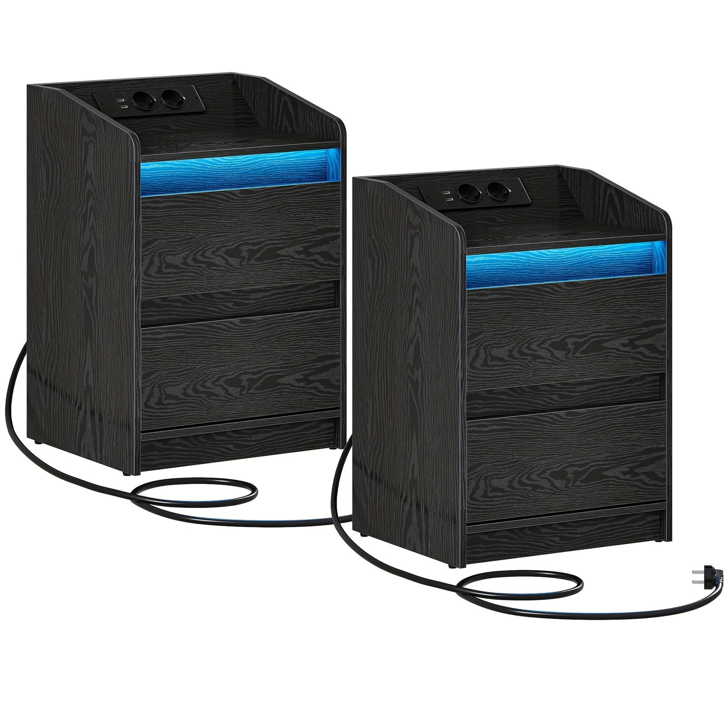 Nachtkastje – Ladekast – Bijzettafel – Opbergkast – Bedkast – Set van 2 – 2 Lades Per Kastje – Inclusief USB Stopcontacten – Zwart Hout – 35x40x58 cm