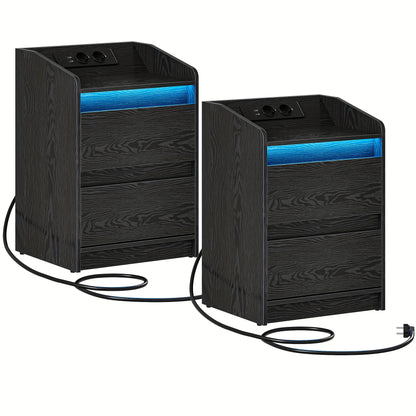 Nachtkastje – Ladekast – Bijzettafel – Opbergkast – Bedkast – Set van 2 – 2 Lades Per Kastje – Inclusief USB Stopcontacten – Zwart Hout – 35x40x58 cm