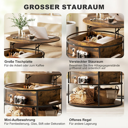Salontafel – Koffietafel – Bijzettafel – Woonkamertafel – Accenttafel – Modern – Verstelbaar Blad – Bamboe Met Verborgen Opbergruimte – Rond Bruin – Ruimtebesparend Design