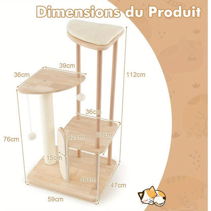 Krabpaal – Kattenboom – Kattenhuis – Kattentoren – Krabmeubel – Massief Hout – 112 cm Hoog – Inclusief Krabpaal Met Sisal Touw & Hangbal