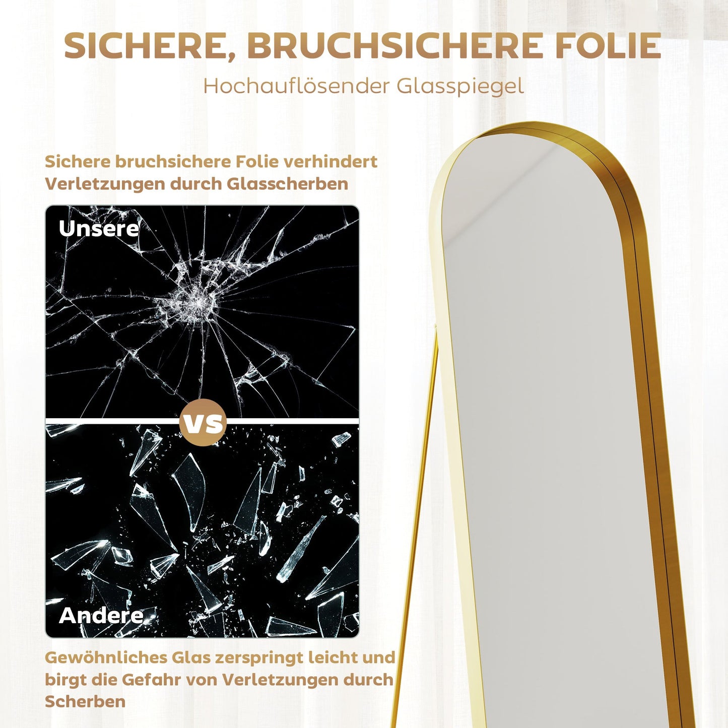 Staande Spiegel – Full-Length Spiegel – Vloerspiegel – Wandspiegel – Goudkleurige Spiegel – Metaalrand – 160x50 cm – Zonder Elektriciteit