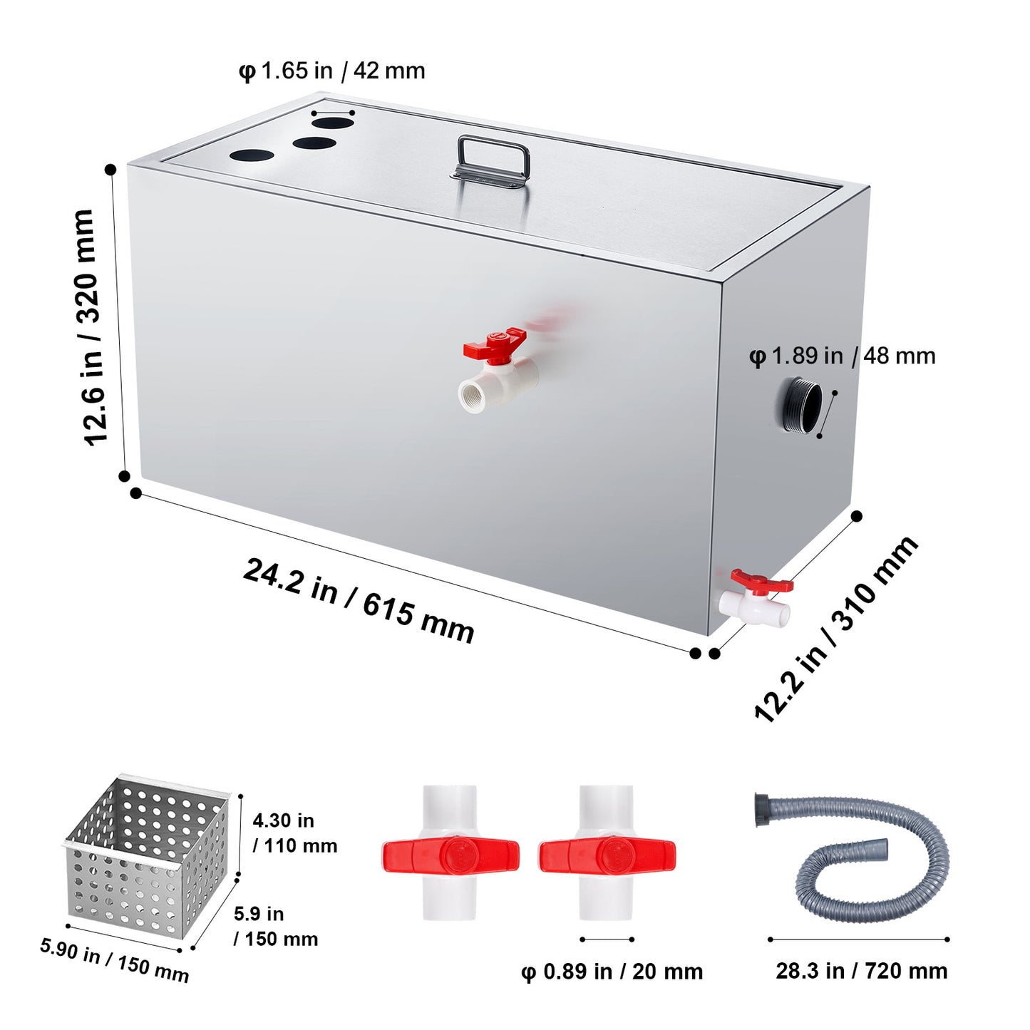 Vetafscheider – Vetvanger – Olieafscheider – Afvalwaterfilter – Vetscheider – Roestvrij Staal – 25 LBS Capaciteit – 6,4 GPM Hoog Doorstroomsnelheid