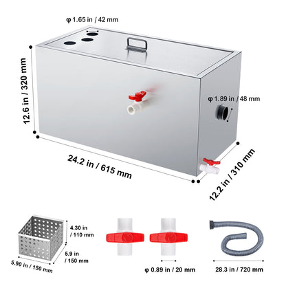Vetafscheider – Vetvanger – Olieafscheider – Afvalwaterfilter – Vetscheider – Roestvrij Staal – 25 LBS Capaciteit – 6,4 GPM Hoog Doorstroomsnelheid