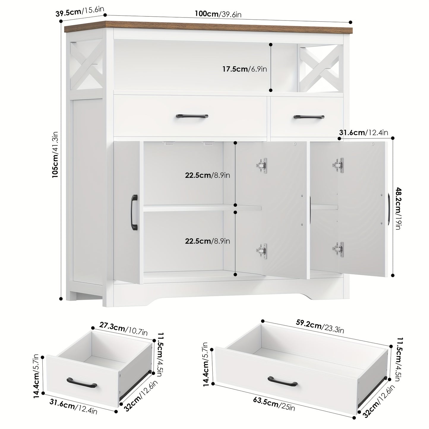 Kealive Modern White & Brown Wood Kitchen Cabinet with 2 Drawers & 3 Doors - Adjustable Shelves, -Standing Storage Cupboard, Space-Saving Design for Small Spaces, Hallway, Dining Room - Particleboard/ (Easy Assembly