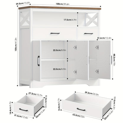 Kealive Modern White & Brown Wood Kitchen Cabinet with 2 Drawers & 3 Doors - Adjustable Shelves, -Standing Storage Cupboard, Space-Saving Design for Small Spaces, Hallway, Dining Room - Particleboard/ (Easy Assembly