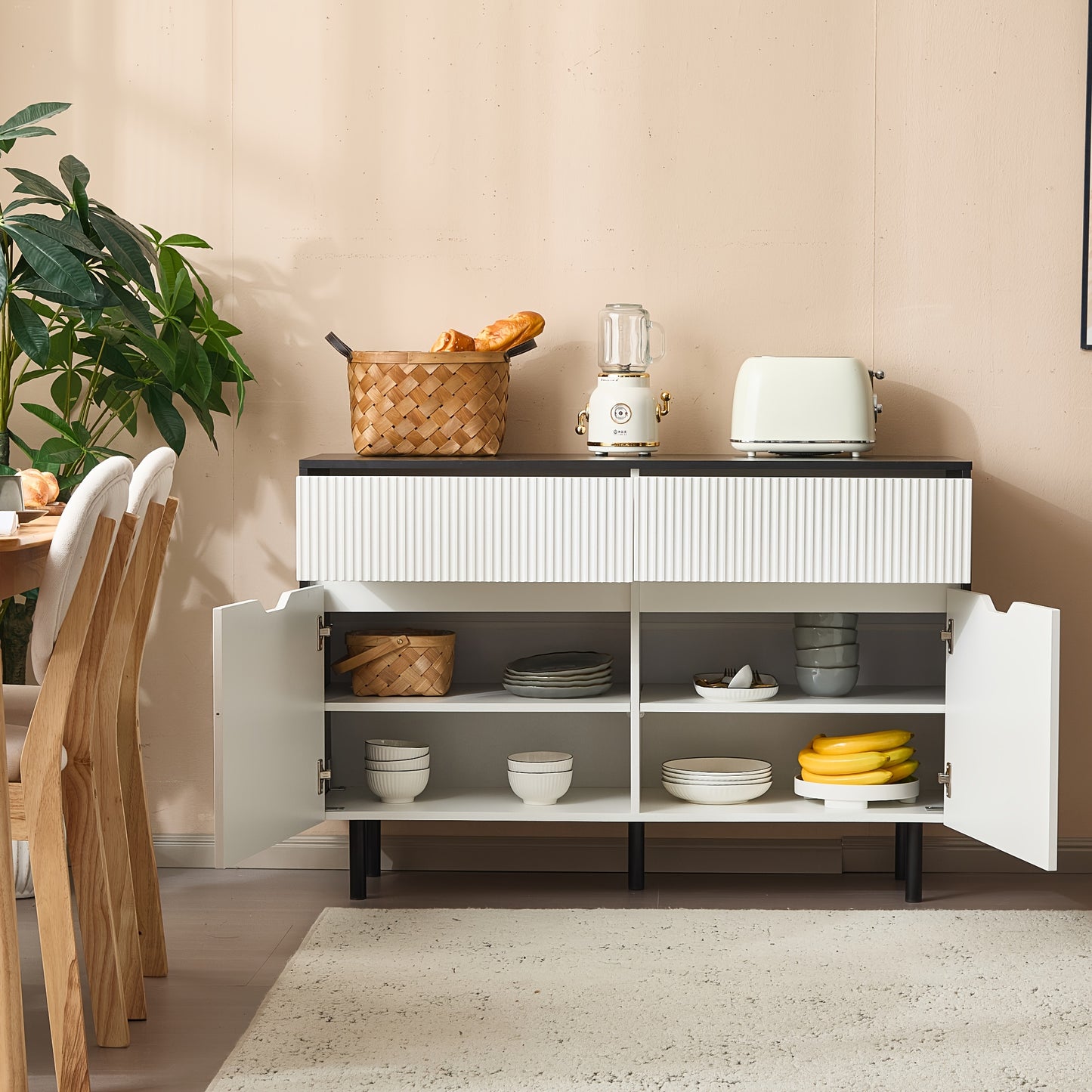 Kast – Dressoir – Opbergkast – Sideboard – Kasten – Metalen 120 cm Sideboard – Ribbel Laden – Zwart Wit – 2 Deuren – Eigentijds Design