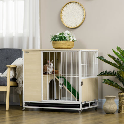 Konijnenkooi – Houten Dierenhok – Knaagdierkooi – Dierenverblijf – Kooi Met Wielen – Met Openend Dak – Platformen Met Verwijderbare Lade – 78 x 52,5 x 76,5 cm – Natuurlijk Hout