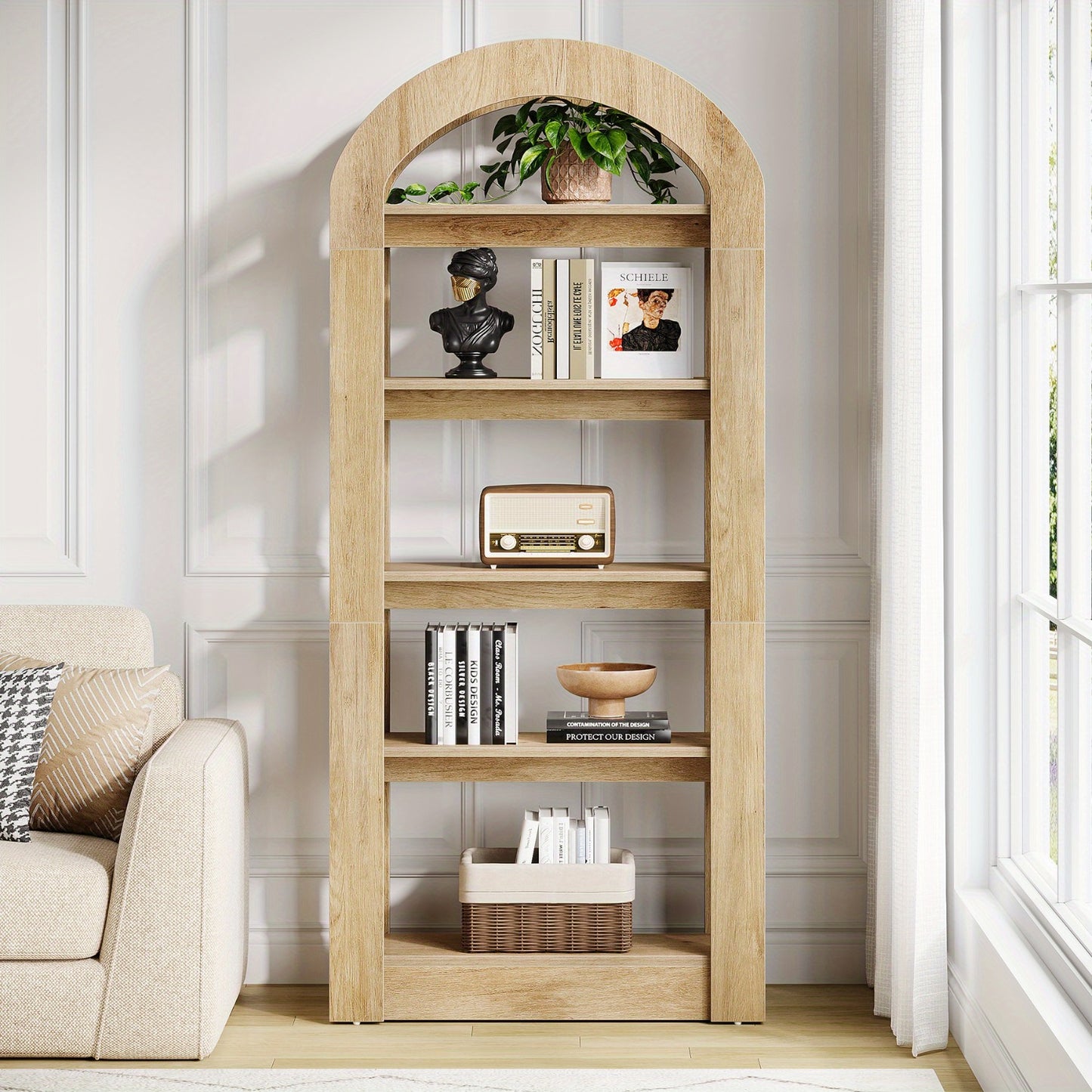 Boekenkast – Boekenrek – Opbergkast – Wandkast – Vakkenkast – Hoogstaand – Boogvormig Ontwerp – Hout & MDF – 5 Planken – Teak Kleur – Ruimtebesparend – 22,5 kg Draagvermogen per Plank
