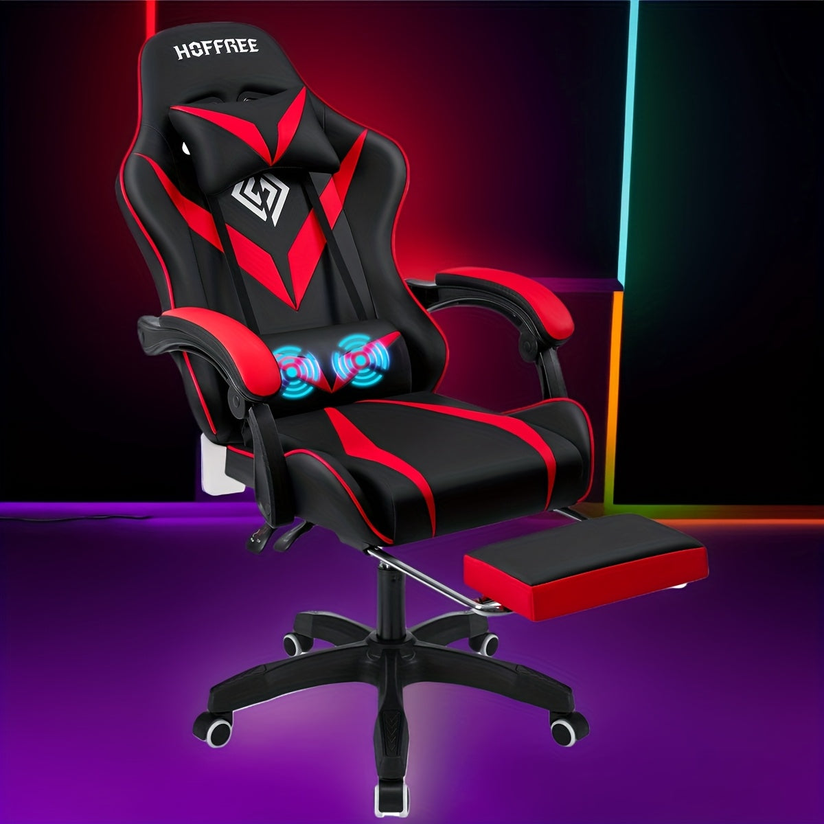 Gamingstoel – Gamestoel – Bureaustoel – Computestoel – Relaxstoel – Massagefunctie – Verstelbare Voetensteun – Ergonomisch Design – Metaal Frame – Rood-Zwart