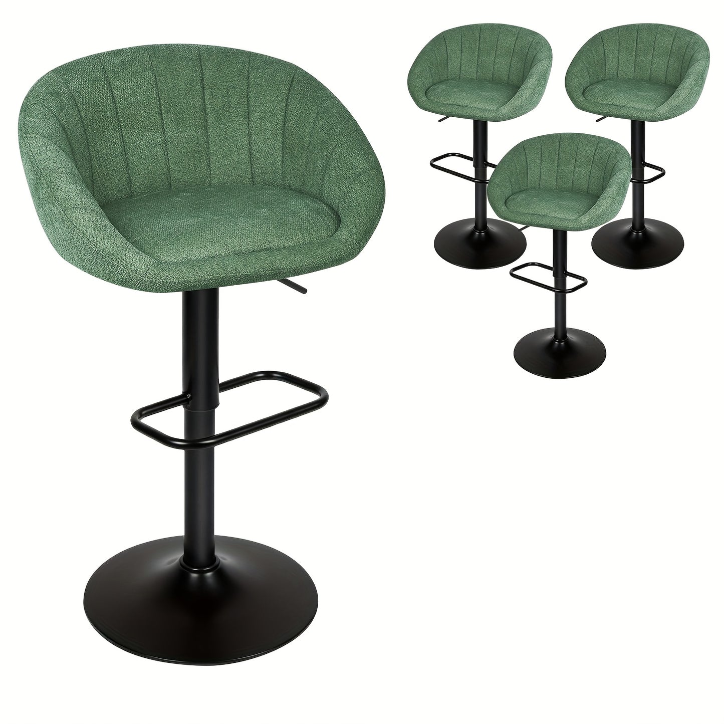 A Set of Four Height-Adjustable Linen Bar Stools, 52-72 Cm High, with Thick Green Fabric Covers And Black Metal Frames. These Country-Style Bar Stools Are Suitable for Kitchen Islands And Home Décor.