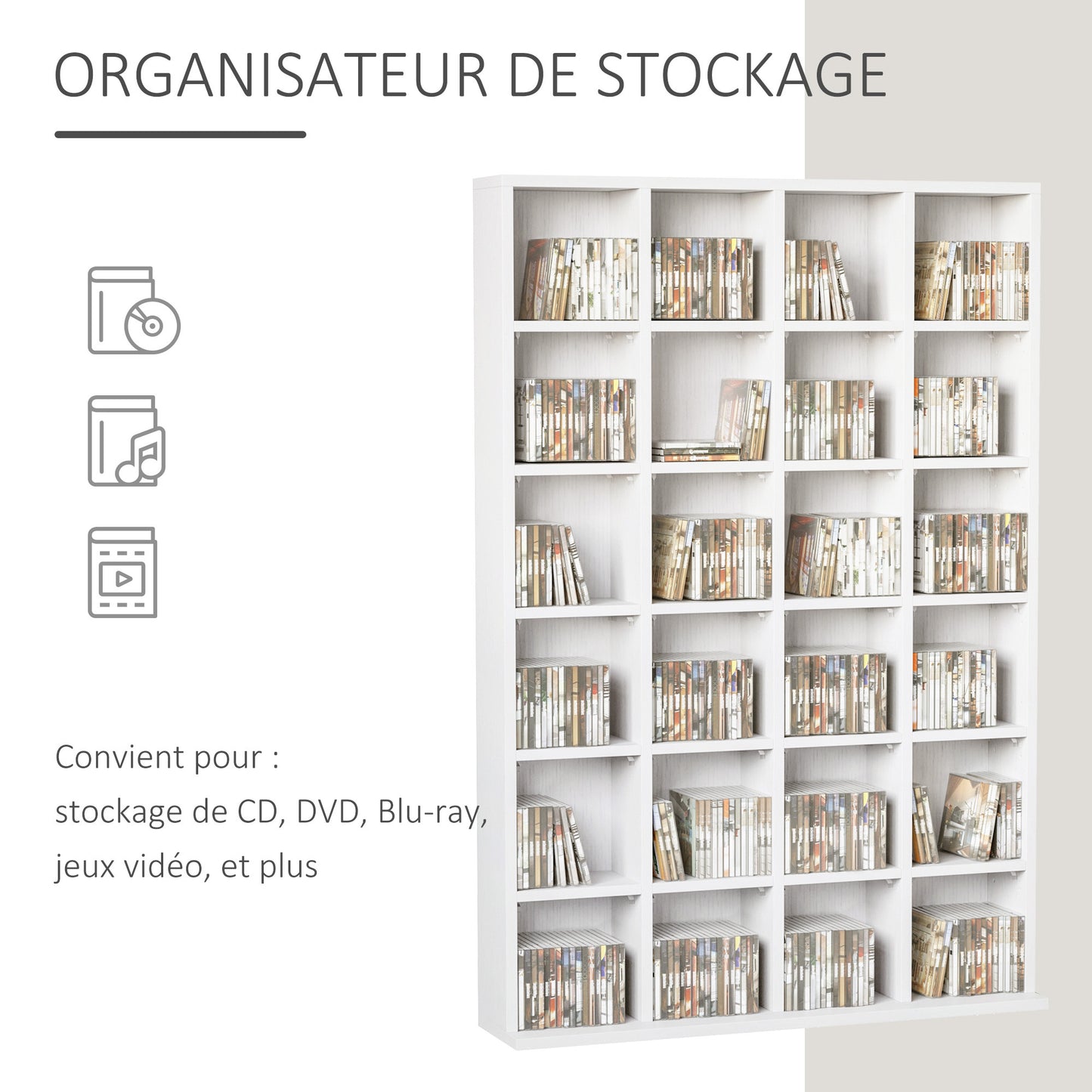 Multimedia Opbergkast – Cd-Kast – Dvd-Kast – Boekenkast – Mediamuur – Verstelbare Planken – Wit Hout – 89 x 130,5 cm