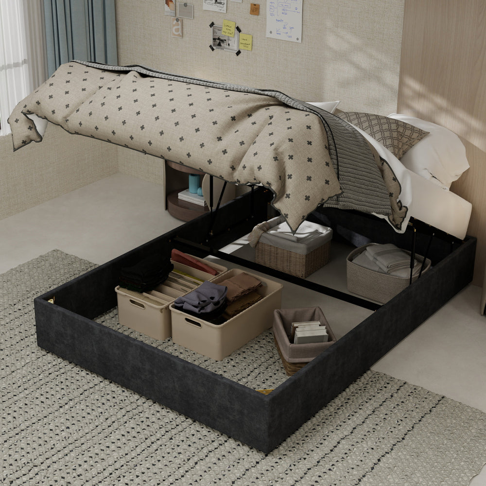 Bedframe – Ledikant – Slaapbank – Platformbed – Opbergbed – Modern Minimalistisch Design – Gasveren Opbergruimte – Dutch Velvet Hoofdeinde 140x200 cm – Eenvoudige Montage – Duurzaam Zonder Elektriciteit
