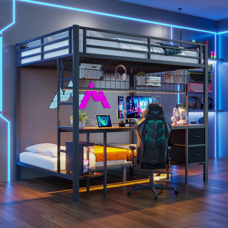 Hoogslaper – Stapelbed – Bedframe Met Bureau – Opbergruimte Bed – Metal Loft Bed – Zwart 90x200 / 140x200 – Ruimtebesparend Ontwerp – Duurzaam Metalen Frame