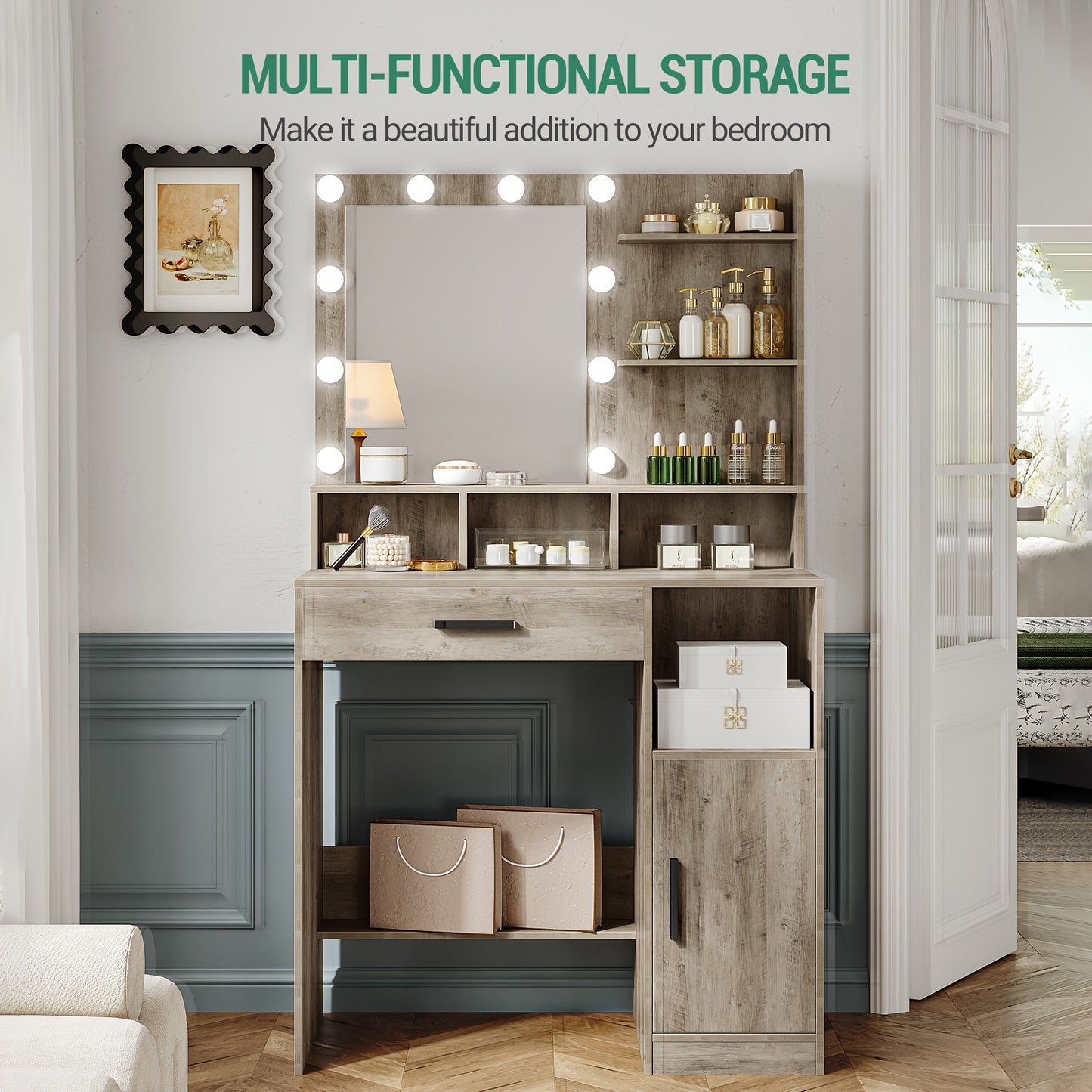 Make-up Tafel – Kaptafel – Schminktafel – Visagie Tafel – Dressing Table – 10 LED Lampen – 3 Verstelbare Lichtstanden – Wit