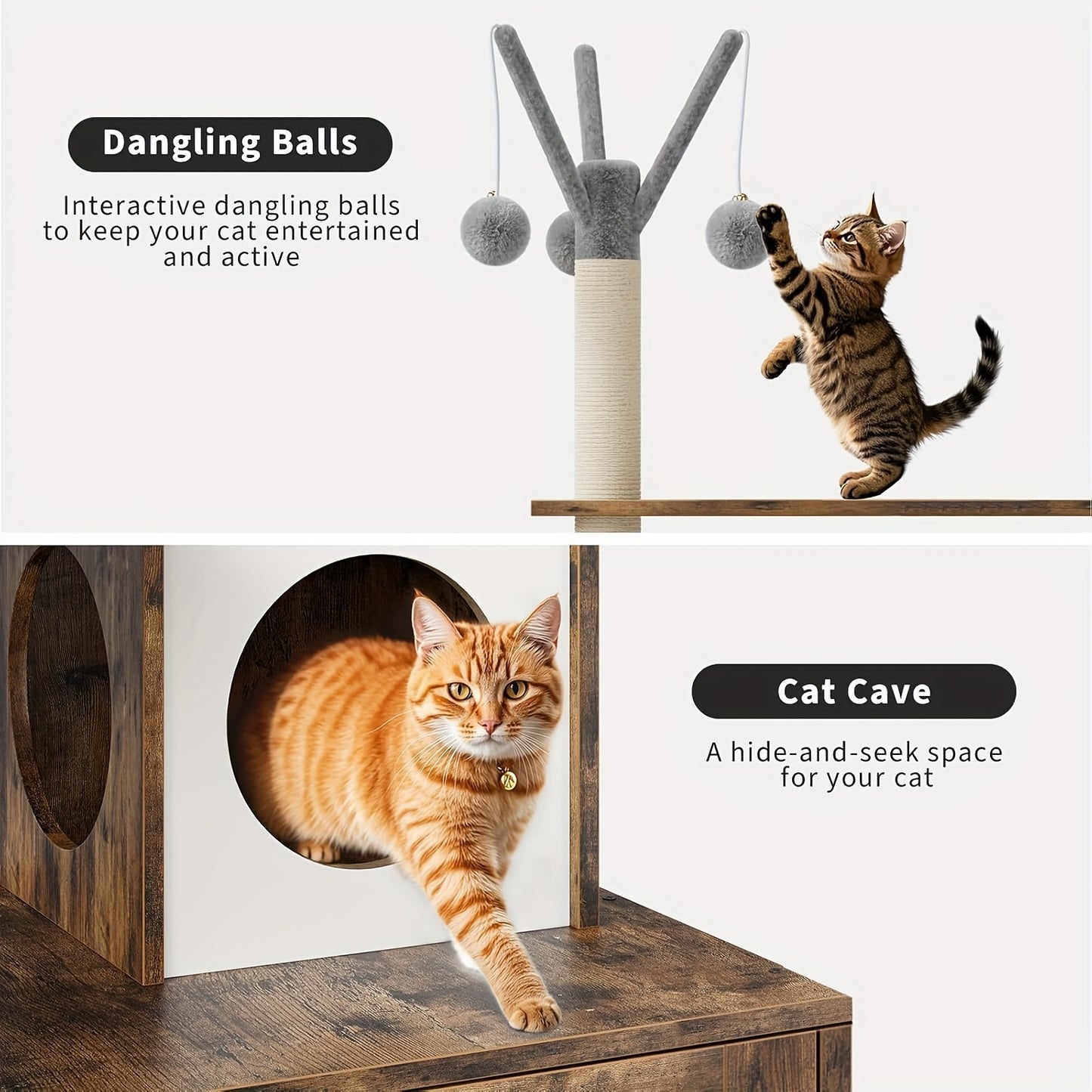 3-in-1 Kattenhuis – Kattenkrabpaal – Kattenboom – Kattenhuisje – Kattenverblijf – Multifunctioneel Design – Sisal Krabpalen & Verwijderbare Pompons – Houtkleurige Plush Afwerking – Voor Kleine en Middelgrote Katten