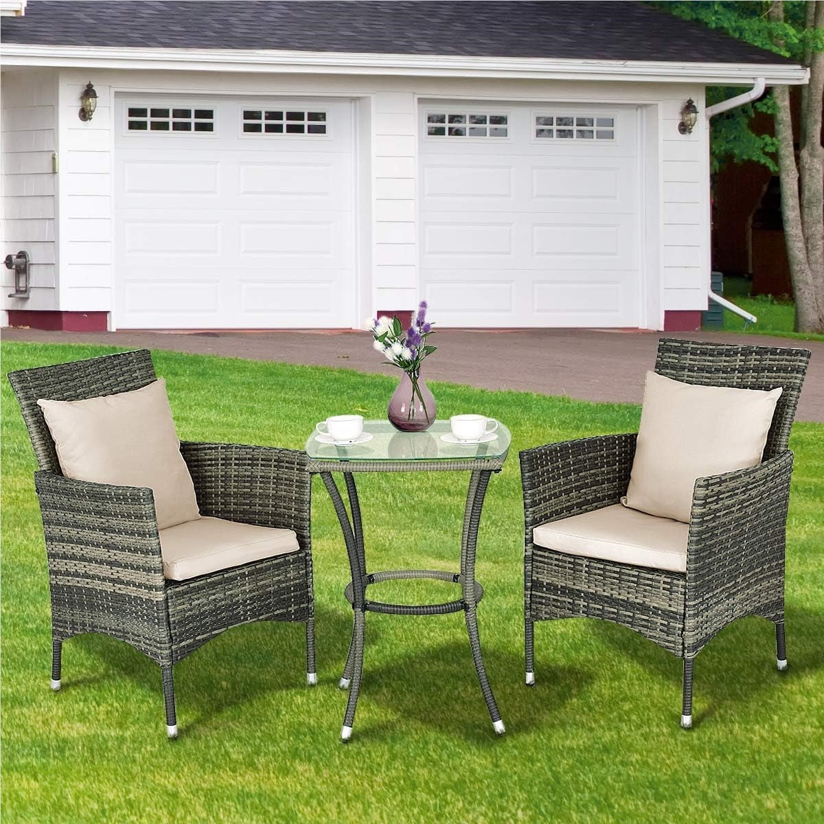 Tuinmeubelset – Tuinset – Loungeset – Balkonset – Zitgroep – Poly Rattan – Inclusief Kussens – Glasplaat Tafel – Grijs – Compact Design