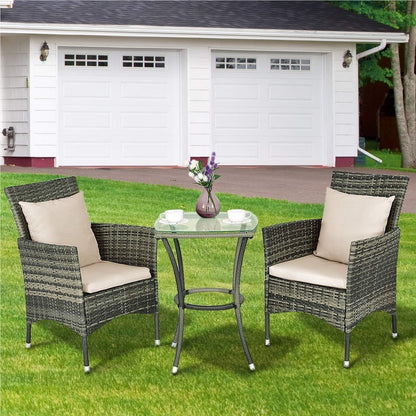 Tuinmeubelset – Tuinset – Loungeset – Balkonset – Zitgroep – Poly Rattan – Inclusief Kussens – Glasplaat Tafel – Grijs – Compact Design