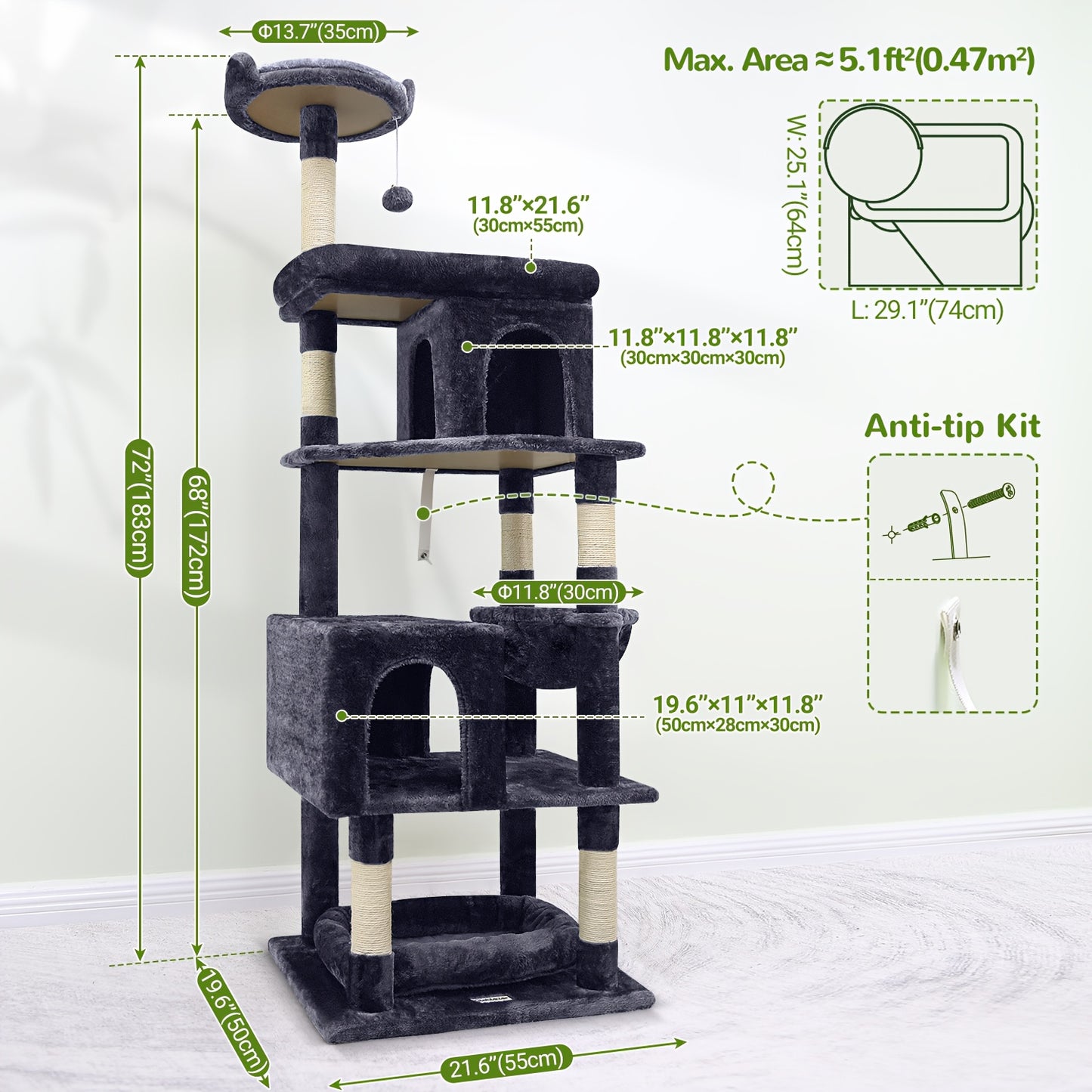 Kattenkrabpaal – Krabpaal – Krabmeubel – Kattenboom – Krabton – Extra Stevig En Ruim – 72 Inch Hoog Voor Grote Katten Vanaf 9 Kg – Met 6 Krabpalen En Hangmat – Donkergrijs