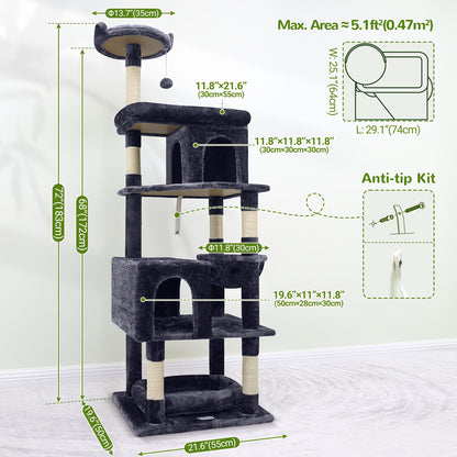 Kattenkrabpaal – Krabpaal – Krabmeubel – Kattenboom – Krabton – Extra Stevig En Ruim – 72 Inch Hoog Voor Grote Katten Vanaf 9 Kg – Met 6 Krabpalen En Hangmat – Donkergrijs