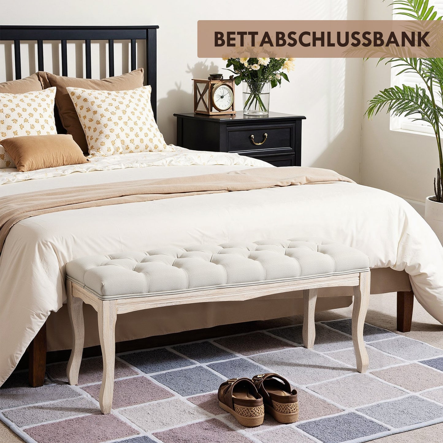 Bankje – Gestoffeerd Bankje – Schoenenbank – Bedbank – Zitbank – Linnenbekleding – Massief Houten Frame – 110x40x48 cm – Beige
