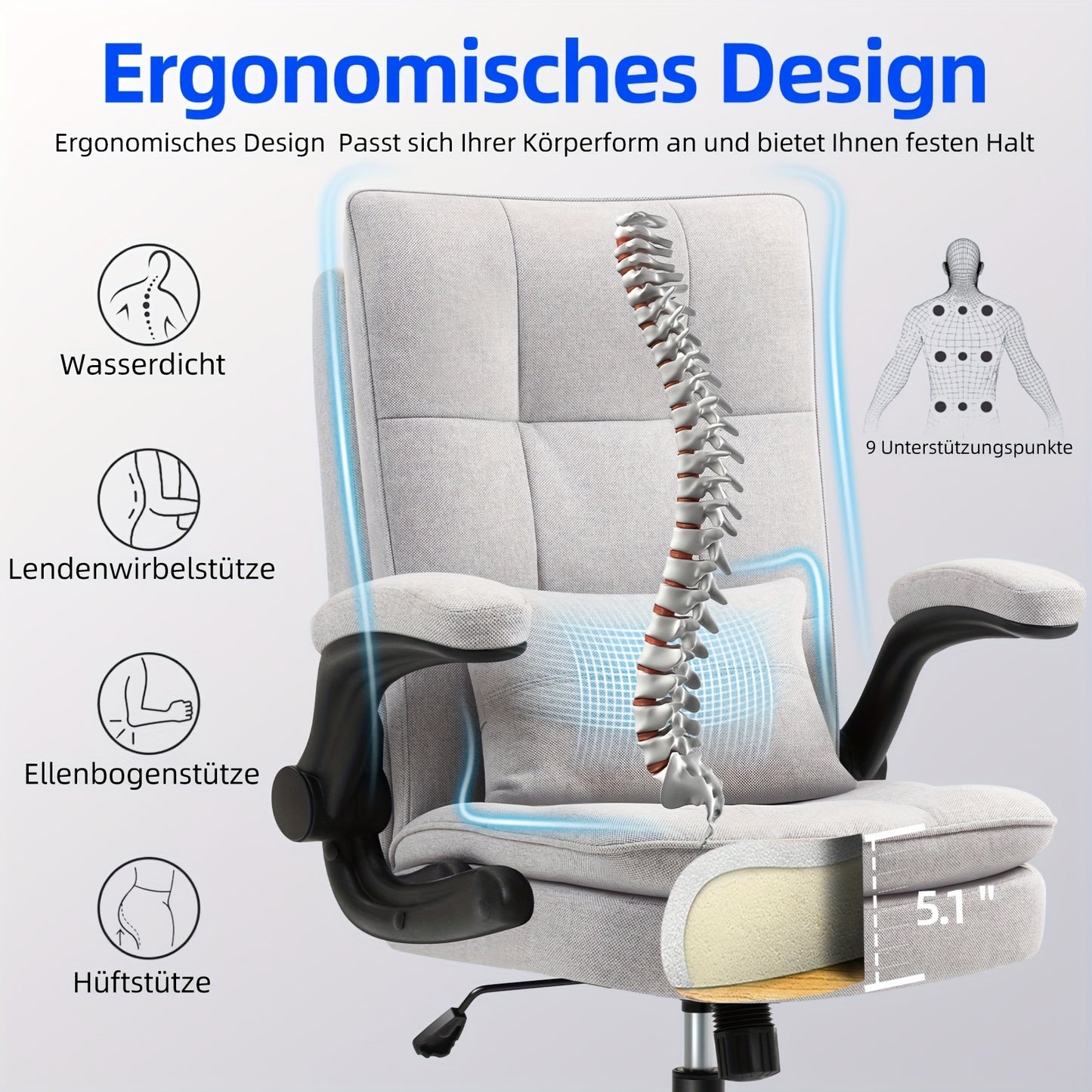 Bureaustoel – Ergonomische Stoel – Kantoorstoel – Draaistoel – Executive Chair – Verstelbare Hoogte – Opklapbare Armleuningen – Dubbel Gevoerde Rugleuning – Belastbaar Tot 150kg – Zwart