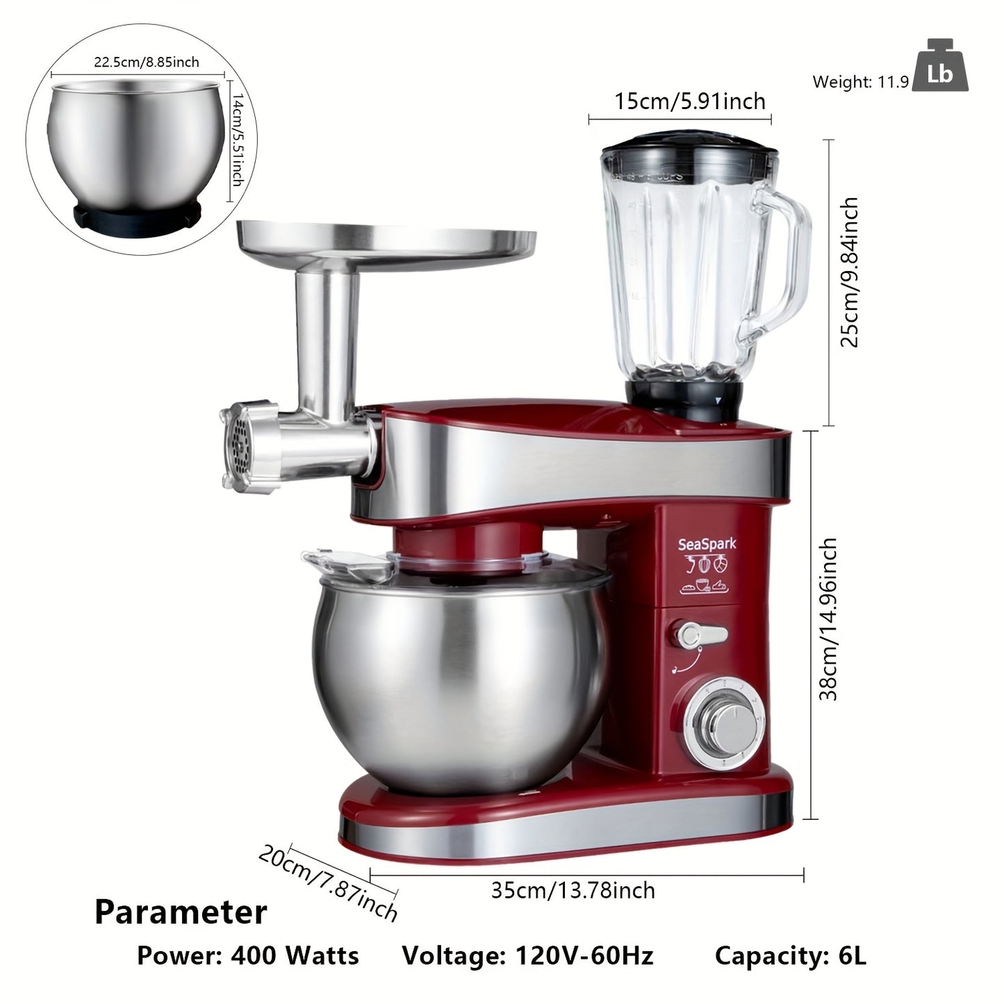Keukenmachine – Keukenrobot – Foodprocessor – Keukenmixer – Keukenhulp – 6,3L RVS Mengkom – 6 Snelheden met Pulsefunctie – Rood