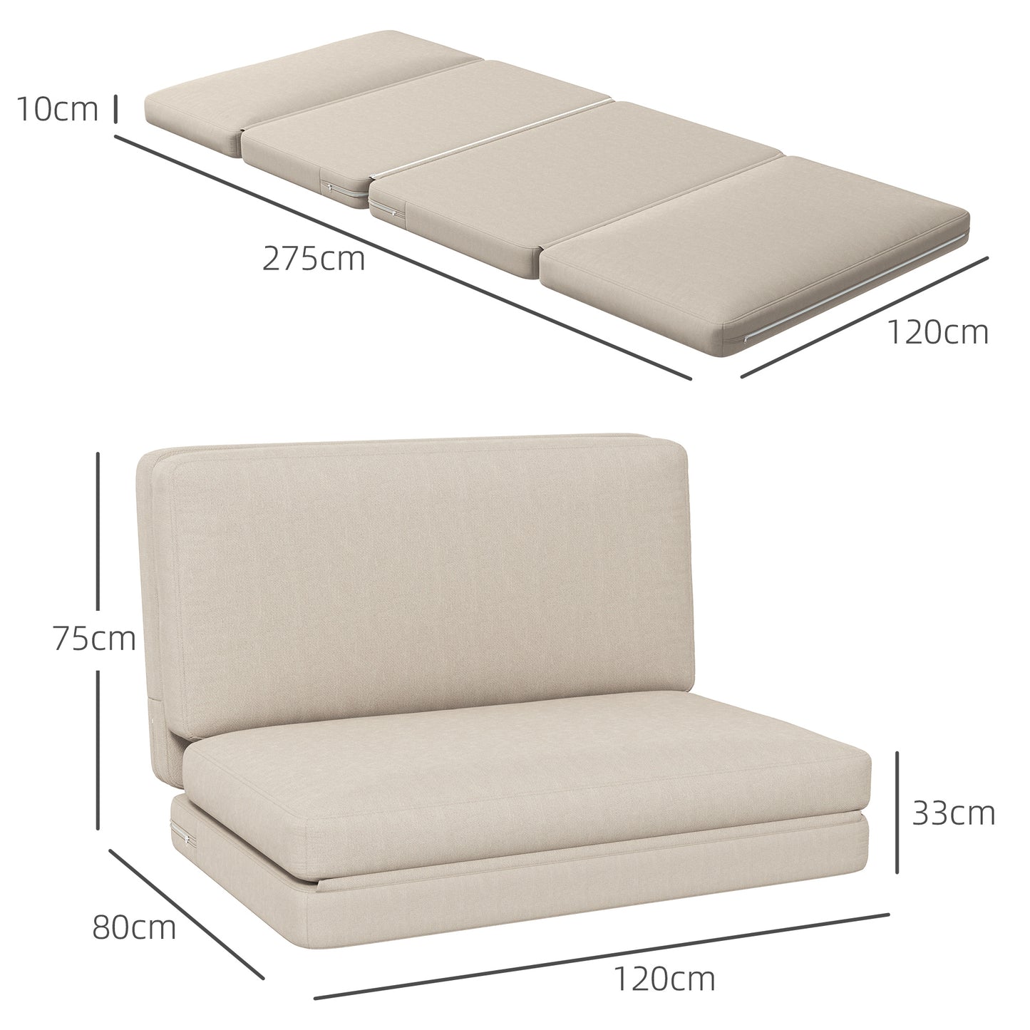 Relaxstoel – Fauteuil – Loungestoel – Vloerstoel – Slaapstoel – 2-in-1 Opvouwbaar – 120 cm Breed – Beige Velvet Stoffering