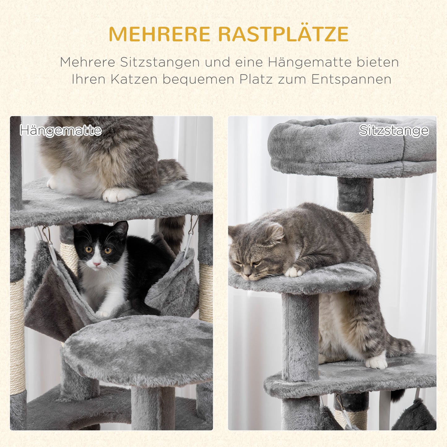 Krabpaal – Kattenboom – Krabmeubel – Klimpaal – Speelpaal – Grijs – Stevige Houten Constructie – Comfortabele Hangmat