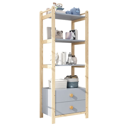 Boekenkast – Boekenrek – Opbergkast – Vakkenkast – Stellingkast – 4-Laags Met 2 Lades – Grenenhout En Blauw Gelamineerd Spaanplaat – Stevig En Ruim 70x44x180 cm