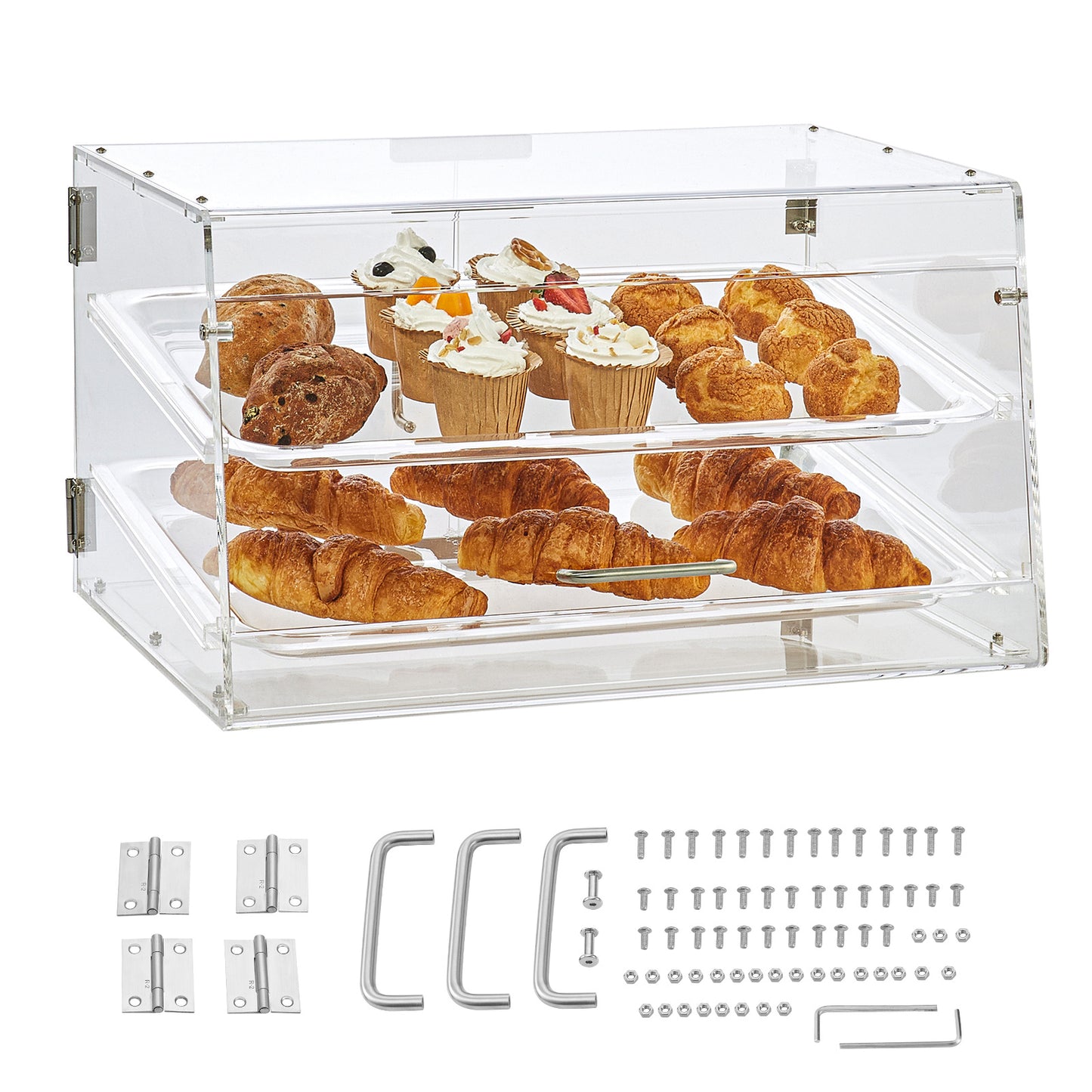 Displaycase Acryl – Gebaksvitrine – Snoepdispenser – Brooddisplay – Donutvitrine – 2 Etages Met Verwijderbare Trays – Roestvrijstalen Handgrepen