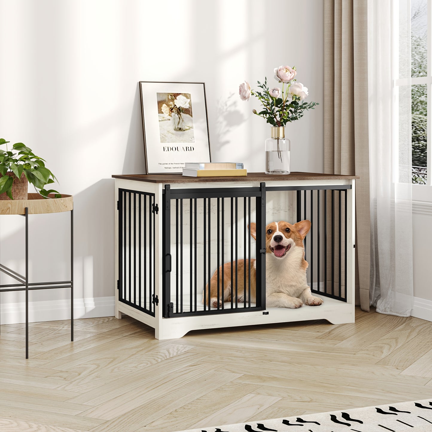 Hondenbench – Hondenkooi – Hondenhok – Hondenrek – Dierenbench – Wit Bruin – Duurzaam Hout & Staal – Heavy-Duty Anti-Kauw & Tweedelige Schuifdeuren – 60x100x68 cm