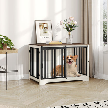 Hondenbench – Hondenkooi – Hondenhok – Hondenrek – Dierenbench – Wit Bruin – Duurzaam Hout & Staal – Heavy-Duty Anti-Kauw & Tweedelige Schuifdeuren – 60x100x68 cm