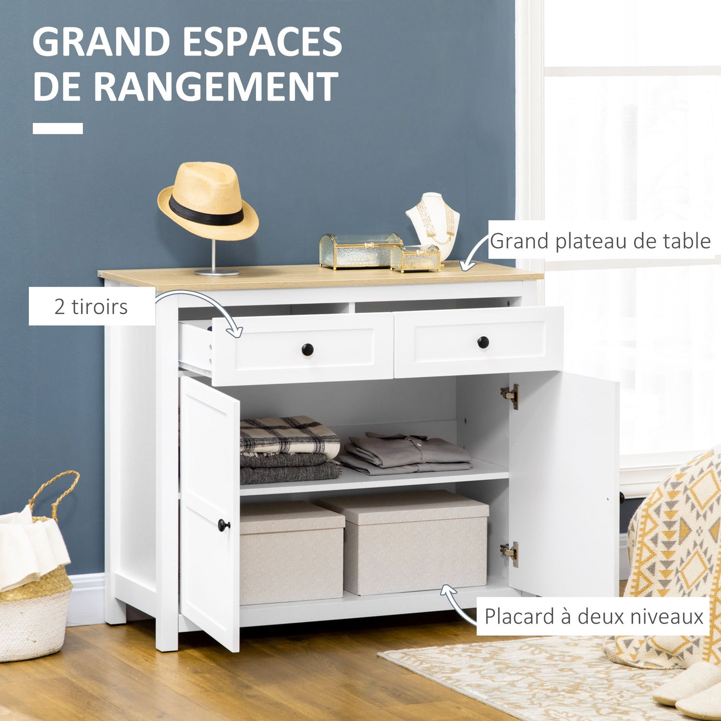 Dressoir – Opbergkast – Sideboard – Buffetkast – Ladekast – 2 Deuren & 2 Laden – Verstelbare Plank – 100x40x85 cm – Wit Houtlook