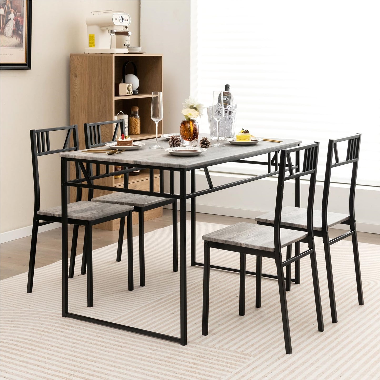 Eettafel Set – Tafel Met Stoelen – Dinerset – Keukentafel – Industriële Eettafel – Grijs – Space-Saving Design – Duurzaam MDF & Metaal