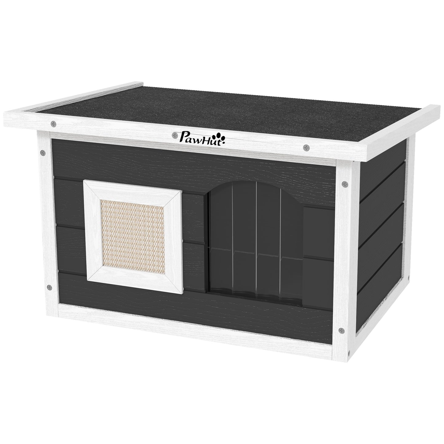 Kattenhuis – Huisdierhuisje – Houten Kattenhut – Knus Dierenverblijf – Krabpaal Mat – Grijs – Waterafstotend Grenenhout – Inclusief Deurflap en Krabmat