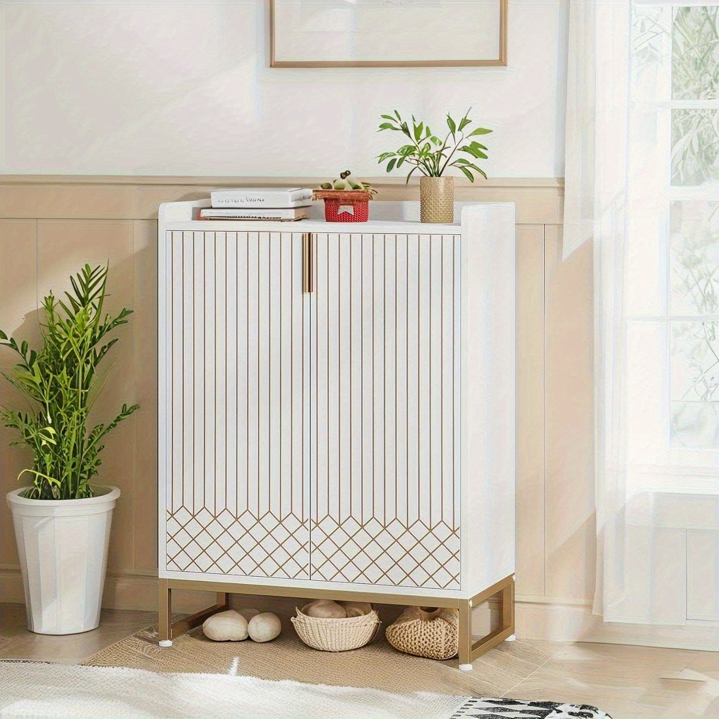 Witte Schoenenkast – Schoenenrek – Schoenopberger – Schoenenkast – Schoenplank – 5-Lagen Voor 25 Pairs – Ruimtebesparend Verticaal Ontwerp Met Gouden Scharnieren