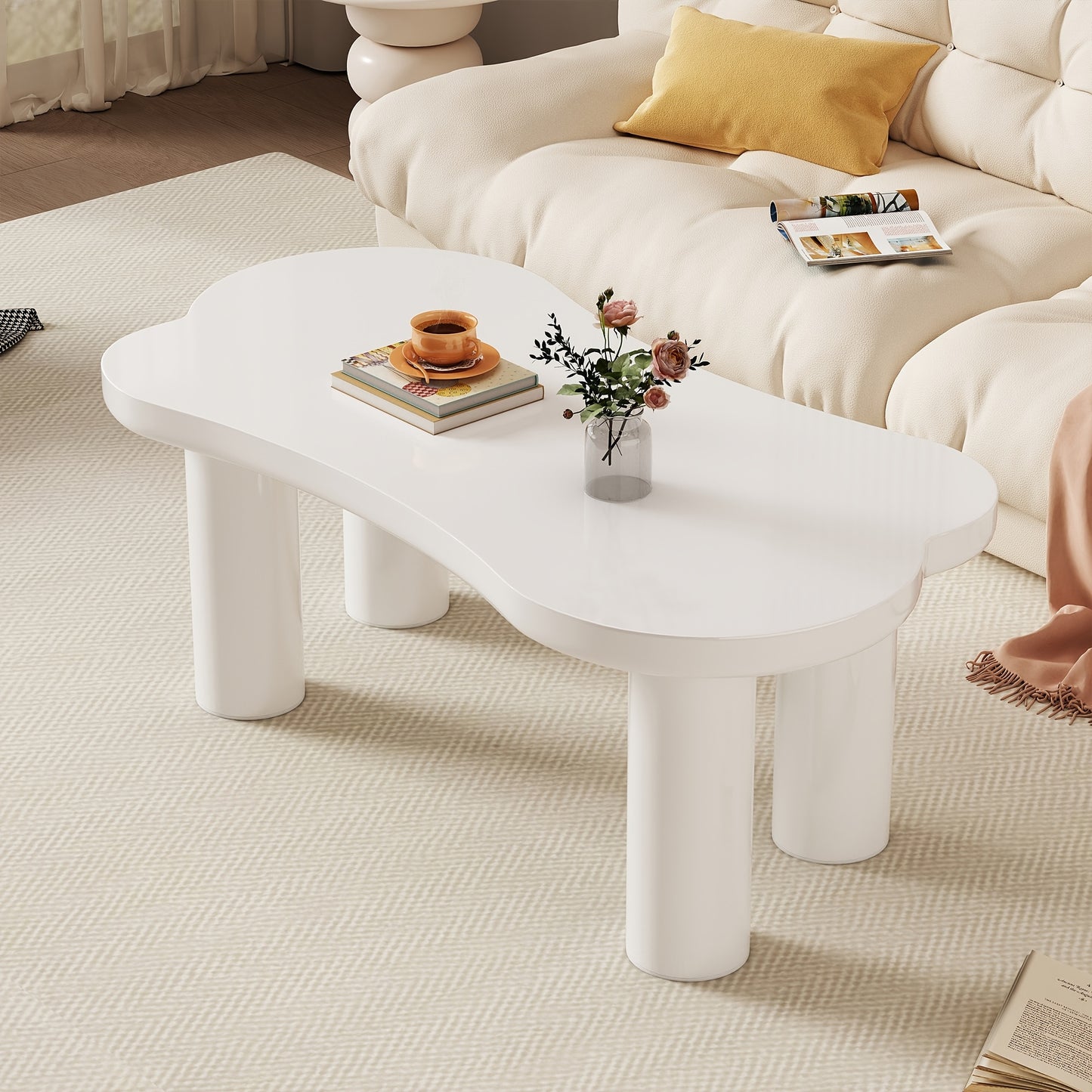 Salontafel Botvormig – Bijzettafel – Koffietafel – Woonkamer Tafel – Wit – MDF Tafelblad – Hardhouten Poten Met PVC Coating