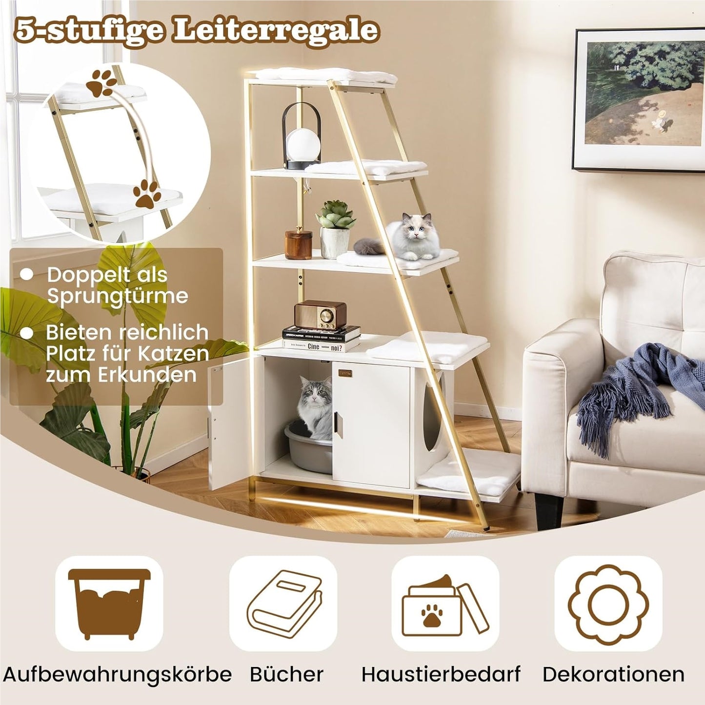 Kattentoiletkast – Kattenbakmeubel – Kattenkast – Kattenbakkast – Kattenhuis – Met 5 Wasbare Pluche Matten – Verstelbare Voeten & Ventilatieopeningen – Wit