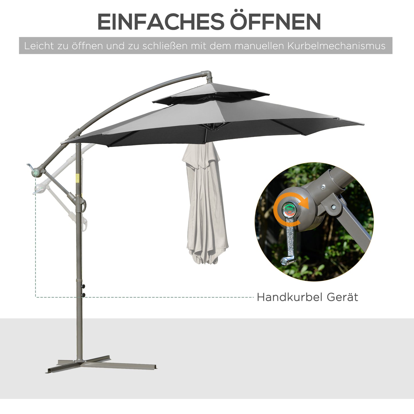 Parasol – Stokparasol – Zweefparasol – Buitenparasol – Terrasparasol – Extra Groot Ø2,67 m – Dubbele Kap & Stalen Frame – Lichtgrijs