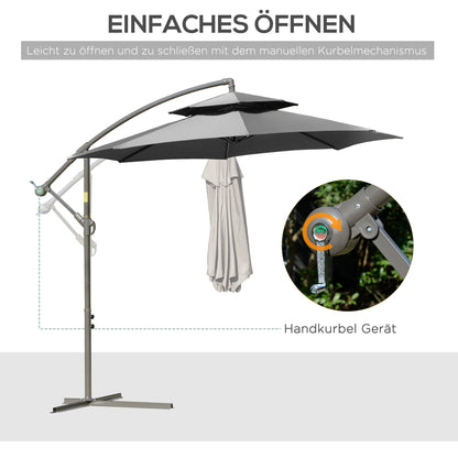 Parasol – Stokparasol – Zweefparasol – Buitenparasol – Terrasparasol – Extra Groot Ø2,67 m – Dubbele Kap & Stalen Frame – Lichtgrijs