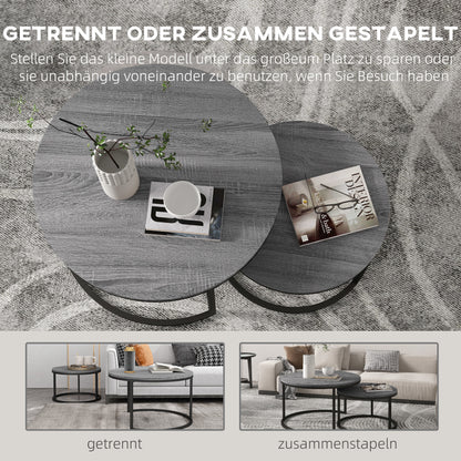Bijzettafel – Salontafel – Sidetable – Nachtkastje – Banktafel – Set van 2 Ronde Tafels – Marmerlook MDF Blad – Zwart Metalen Frame