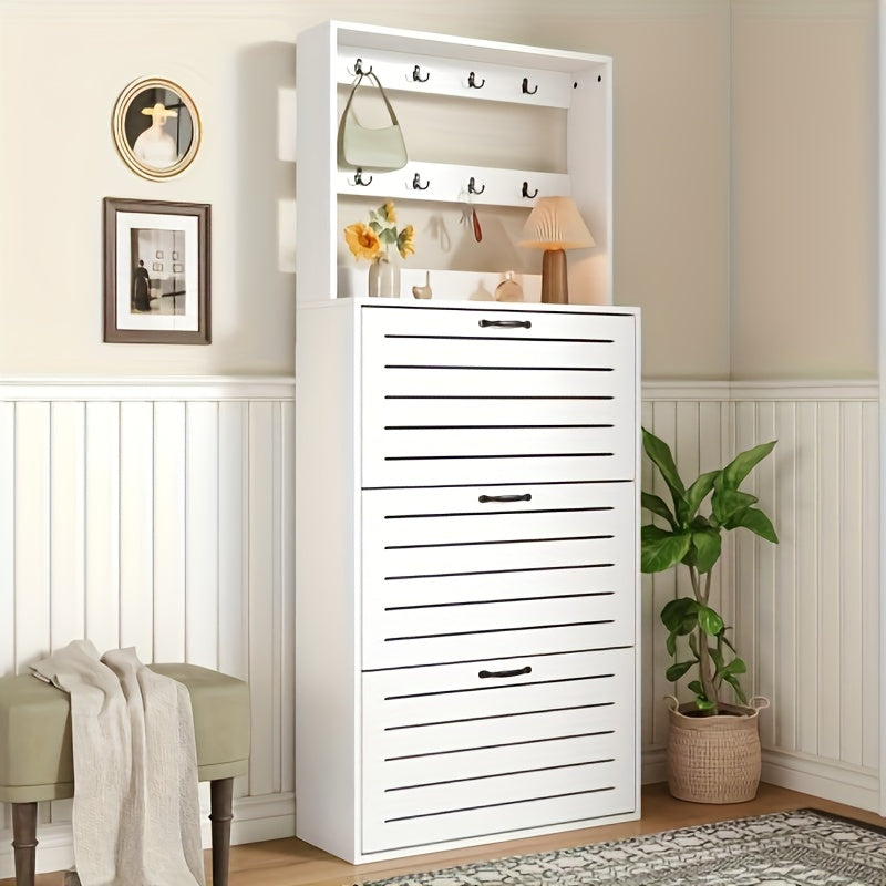 Schoenenkast – Schoenenrek – Schoenenopberger – Schoenenkast Met Haakjes – Smalle Witte Schoenenkast – 3 Deuren – Opbergruimte Voor 15 Paar Schoenen