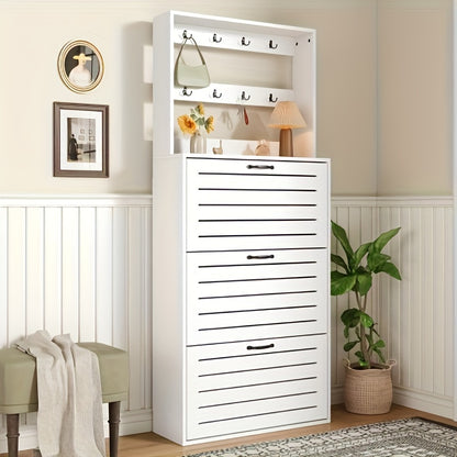 Schoenenkast – Schoenenrek – Schoenenopberger – Schoenenkast Met Haakjes – Smalle Witte Schoenenkast – 3 Deuren – Opbergruimte Voor 15 Paar Schoenen
