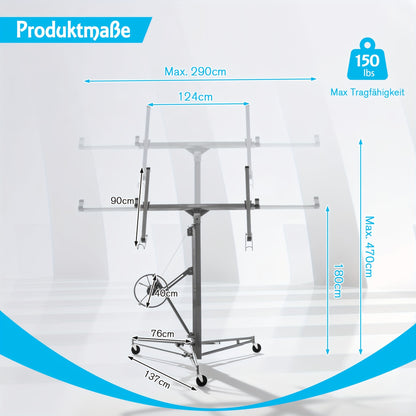 Panelenlift – Gipsplaatlift – Platenlift – Montagehulp – Plaatlift – Verstelbaar Tot 470 cm – Draagvermogen 68 kg – Inklapbaar – Kantelbaar 60°