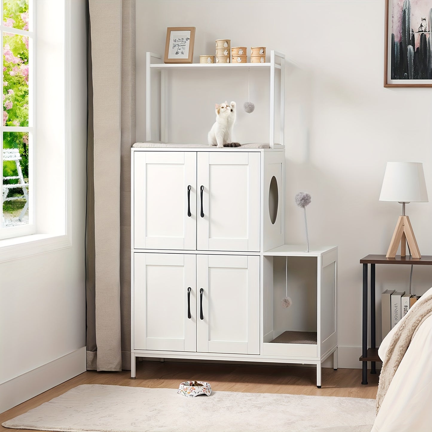 Kattenbak Kast – Kattenbak Meubel – Verstopte Kattenbak – Kattenbak Met Plank – Kattenbak Ombouw – Inclusief 2 Hangende Pluche Ballen – Met Speelbal – Wit