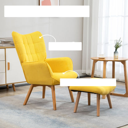 Fauteuil – Armstoel – Lounge Chair – Relaxstoel – TV Stoel – Gele Bekleding – Houten Poten – Inclusief Voetenbank – Comfortabele Zitting