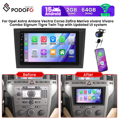 PODOFO Android 15 Car Stereo for Opel Astra Antara Vectra Corsa Zafira Meriva Vivaro Combo Signum Tigra Twin Top - 17.78cm HD Touchscreen, Wireless CarPlay/Android Auto, GPS Navigation, WiFi, Wireless, Backup Camera & Mic, Pl