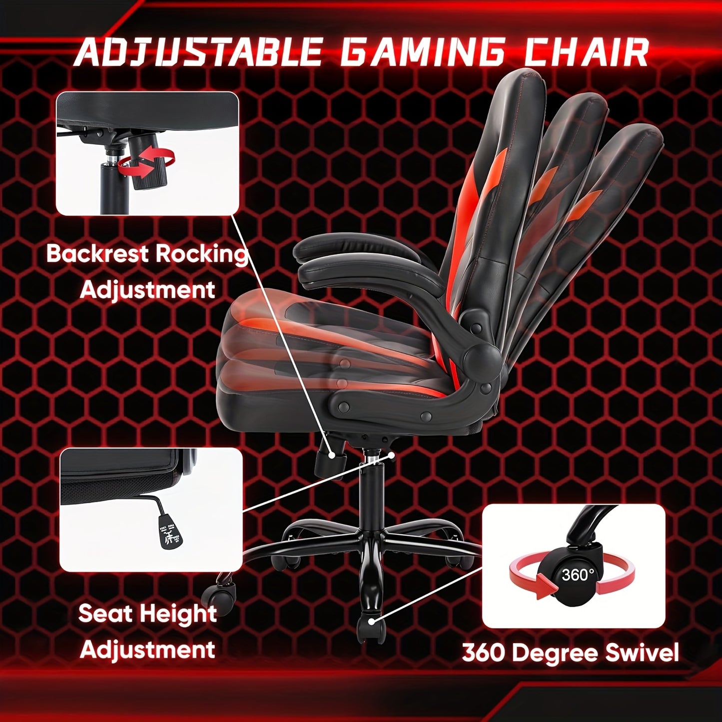Gamingstoel – Game Chair – Bureaustoel – Racestoel – Werkstoel – Ergonomisch Design – In hoogte verstelbaar – 360° Draaibaar – Inklapbare Armleuningen – Memory Foam Zitting – Rood